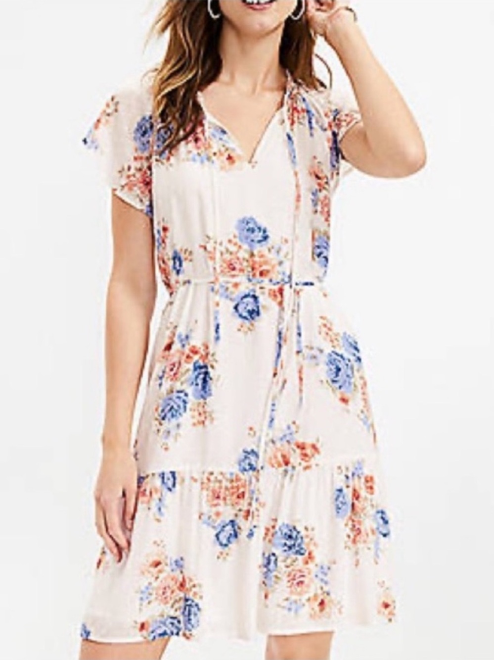 LOFT Floral Bouquet Swiss Dot White Flutter Dress